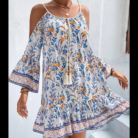 Boho Gypsy Floral Print Tassel Cold Off Drop Shoulder Dress - Picture 13 of 15